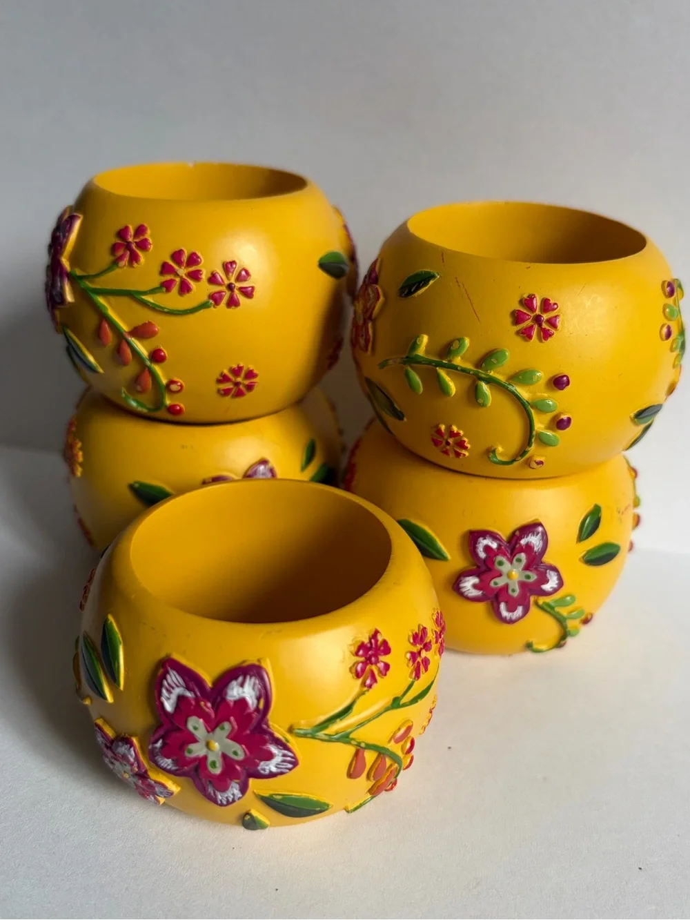 Yellow 3D Floral Decorative Napkin Rings - Set of 5 Boho Whimsical Cottage Decor - Picture 1 of 8